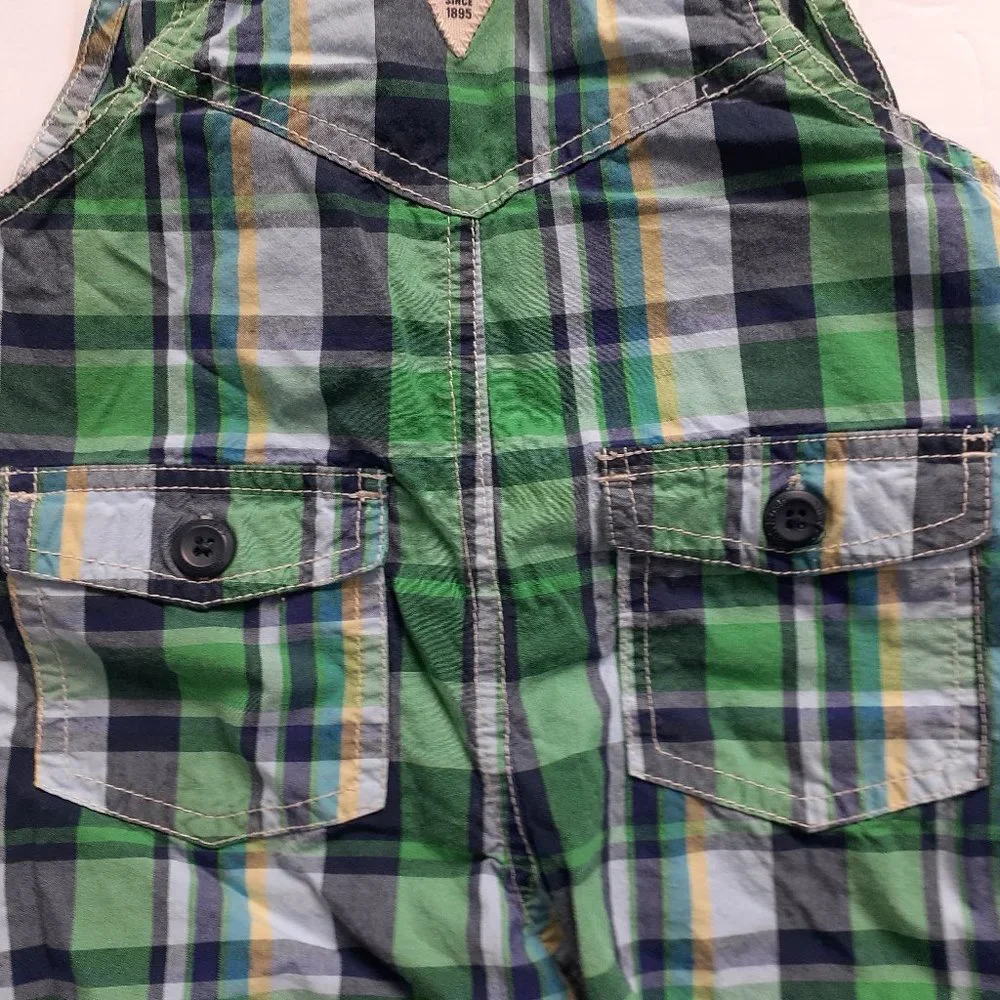 Oshkosh Boys Overall Shorts Green Plaid Shortalls 18 Months